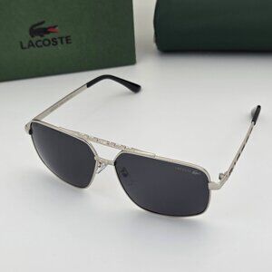 Lacoste Polarized Metal Aviator Sunglasses Silver Frame Smoke Lens LC15